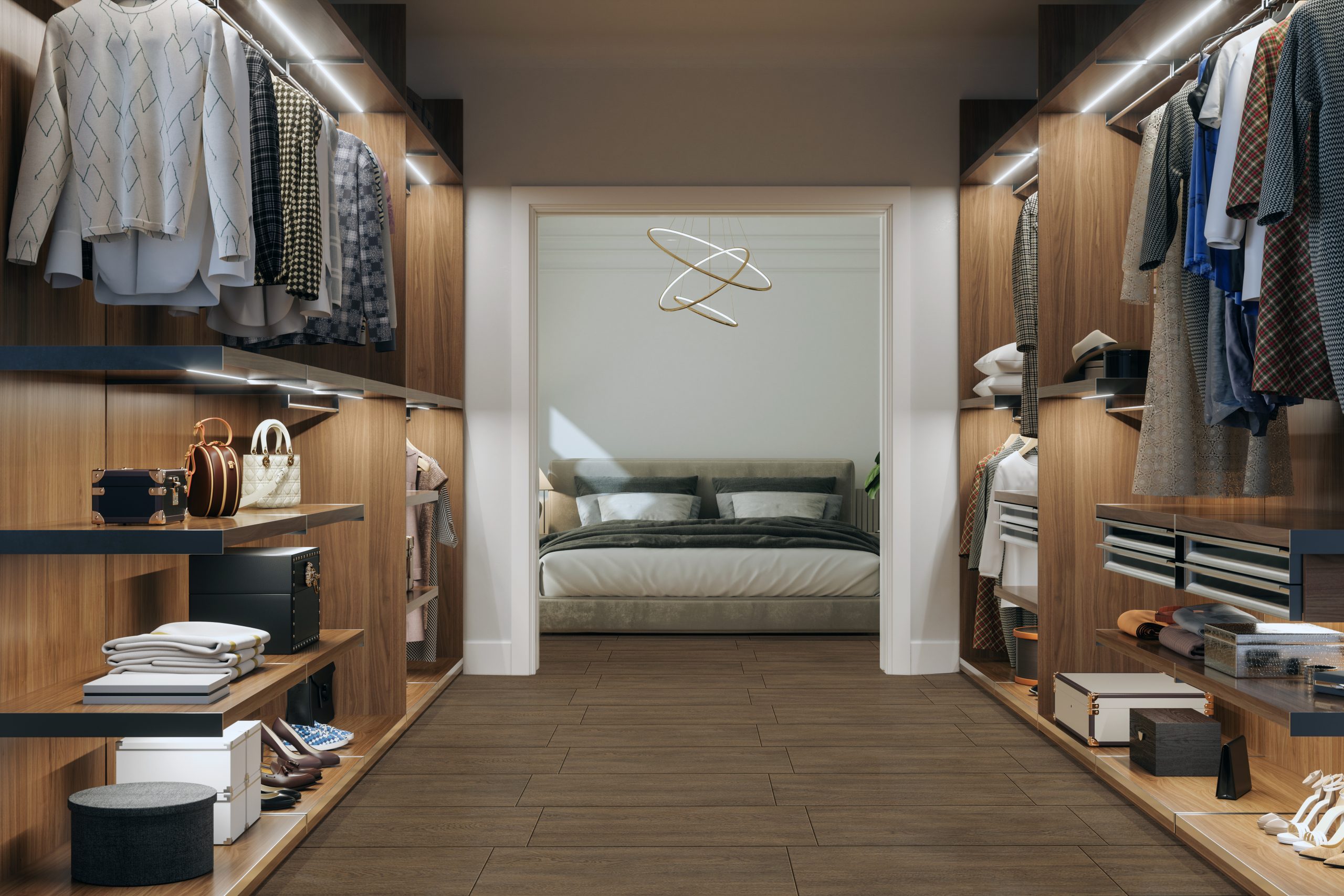 Modern Bedroom And Dressing Room Interior With Shoes, Bags And Hanging Clothes